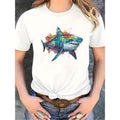 Women'WB shield Casual Crew Neck T-Shirt with Colorful Shark Print - FOG Polyester, Machine Washable