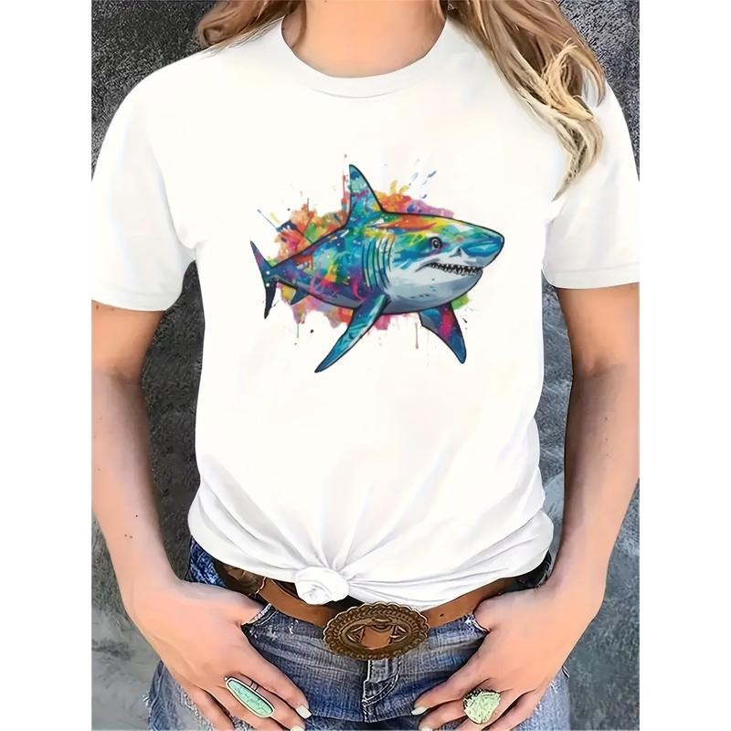 Women'WB shield Casual Crew Neck T-Shirt with Colorful Shark Print - FOG Polyester, Machine Washable