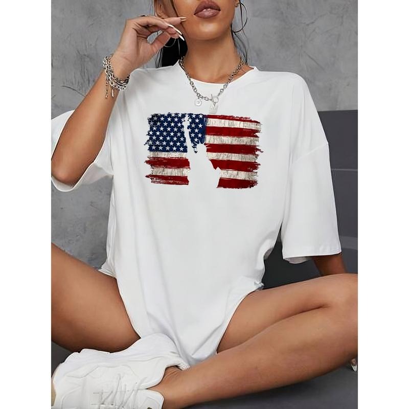 Women'WB shield Casual Patriotic T-Shirt - Short Sleeve, Crew Neck, American Flag Print, Machine Washable