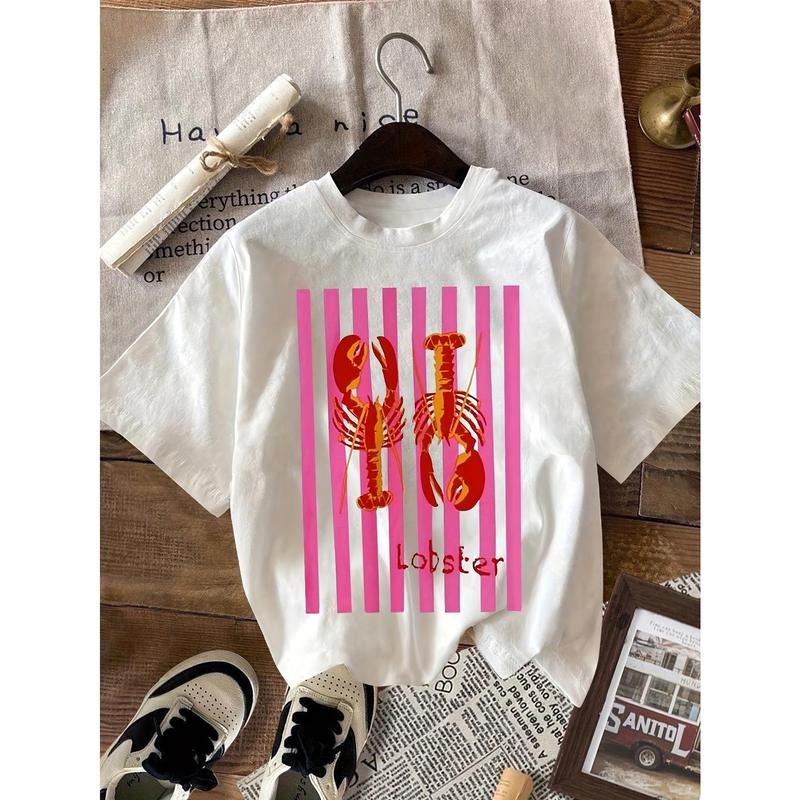 Women'WB shield Casual Round Neck Lobster Print Short Sleeved T-shirt, Summer Casual T-shirt, Short Sleeved, Suitable For...