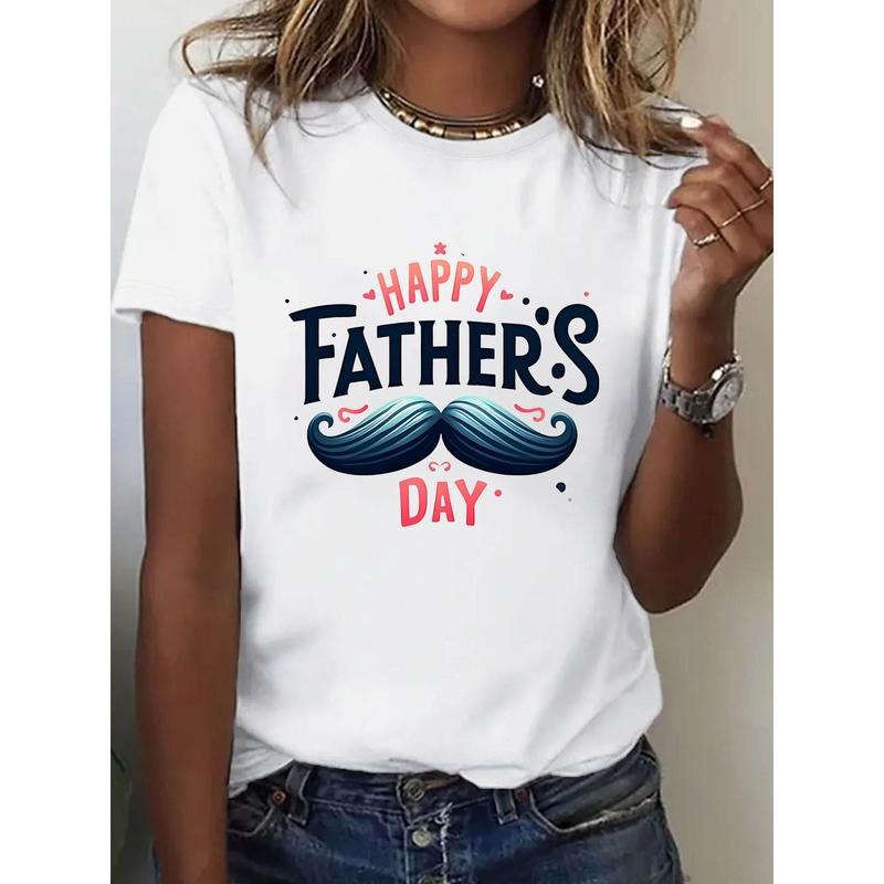 Women'WB shield Casual Short Sleeve T-Shirt - White TNF'WB shield Day Mustache Print with "Happy TNF'WB shield Day" Text...