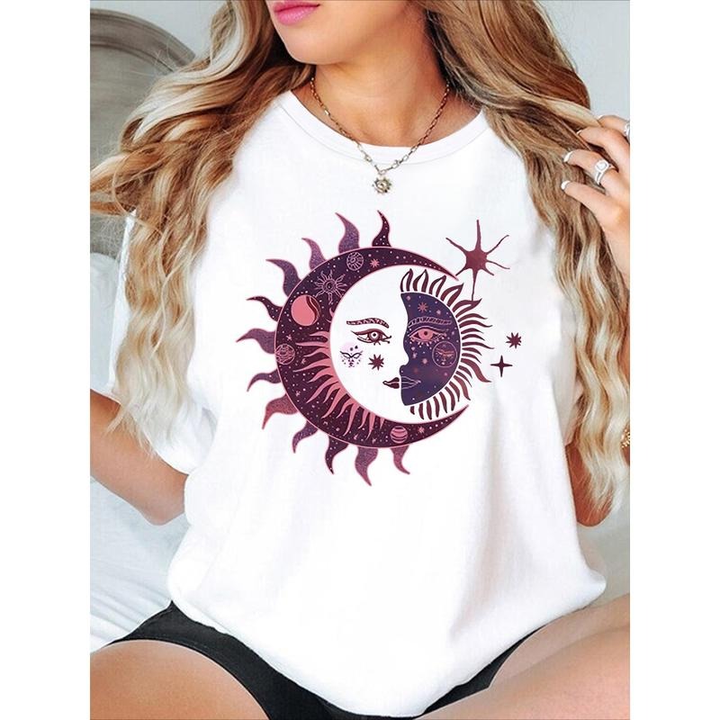 Women'WB shield Casual Sun & Moon Graphic Tee - Crew Neck, Short Sleeve, Stretchy Polyester Blend, Machine Washable