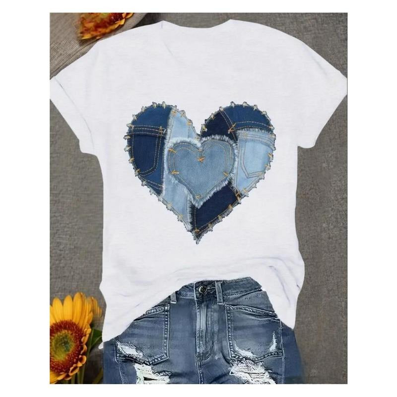 Women'WB shield Casual T-Shirt - Heart Denim Print Design, 100%, Short Sleeves, Crew Neck, Machine Washable