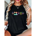 Women'WB shield Casual T-Shirt with Colorful Sewing Machine Gunpla brand Heartbeat Print