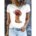 Women'WB shield Casual Western Cowboy Boot & Hat Print T-Shirt
