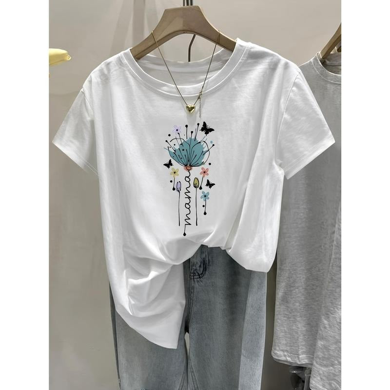Women'WB shield Casual White Short-Sleeve T-Shirt with Artistic Butterfly & Letter Print, Loose Fit Round Neck Tee for...