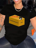 Women'WB shield Cat & Box Print Round Neck Tee, Trendy Casual Short Sleeve T-shirt for Daily Wear, Ladies Summer TNF...