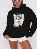 Women'WB shield Cat & Butterfly Print Drop Shoulder Hoodie, Fashion Casual Long Sleeve Hooded Sweatshirt for Daily...