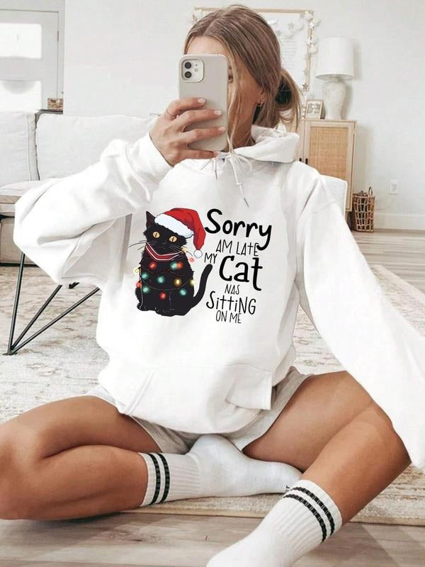 Women'WB shield Cat & Christmas Hat Print Drop Shoulder Hoodie, Fashion Casual Letter Print Drawstring Pocket Hooded...