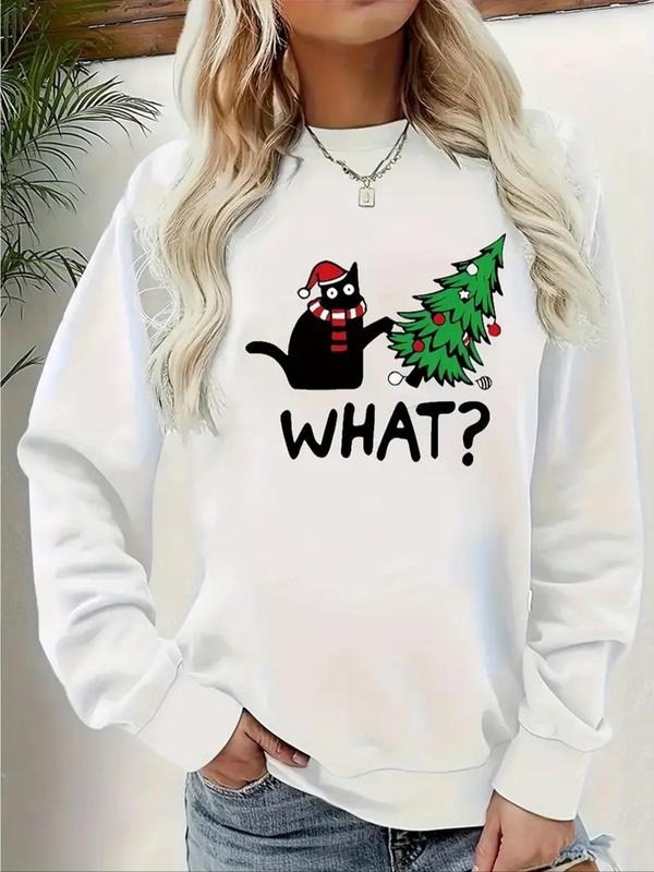 Women'WB shield Cat & Christmas Tree Print Round Neck Sweatshirt, Casual Long Sleeve Crew Neck Pullover for Fall &...