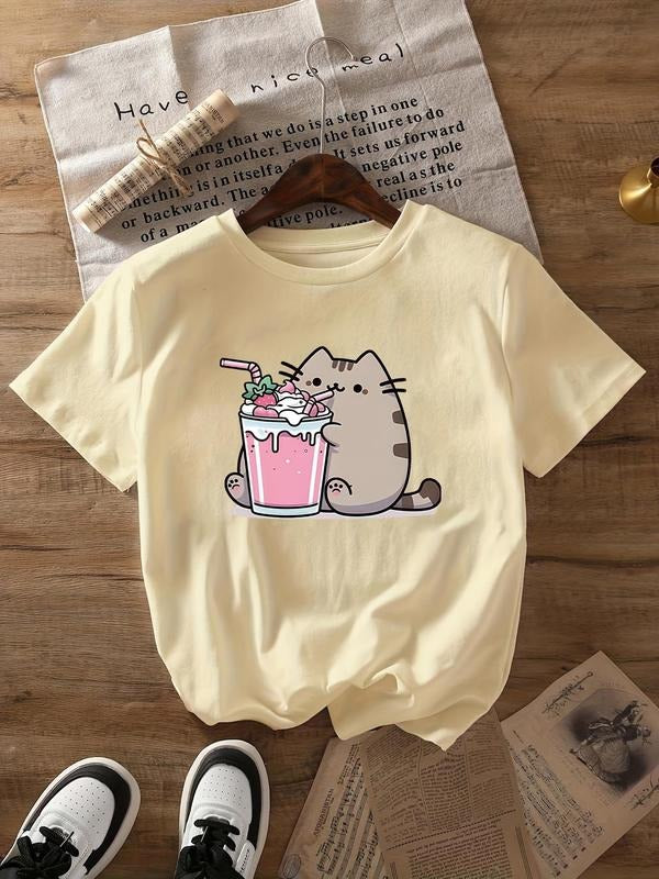 Women'WB shield Cat & Drink Print Round Neck Tee, Fashion Casual Crew Neck T-Shirt for Daily Holiday Vacation Outdoor...