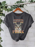 Women'WB shield Cat & Fire Print Round Neck Tee, Fashion Casual Crew Neck T-Shirt for Daily Holiday Vacation Outdoor...