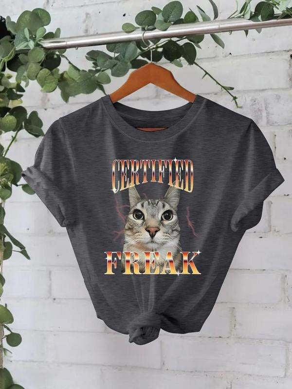 Women'WB shield Cat & Fire Print Round Neck Tee, Fashion Casual Crew Neck T-Shirt for Daily Holiday Vacation Outdoor...