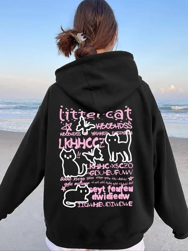 Women'WB shield Cat & Letter Print Drawstring Hoodie, Fashion Casual Hooded Sweatshirt for Daily Holiday Outdoor Wear,...