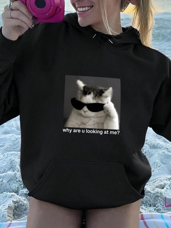 Women'WB shield Cat & Letter Print Drop Shoulder Hoodie, Fashion Casual Drawstring Pocket Hooded Sweatshirt for Daily...
