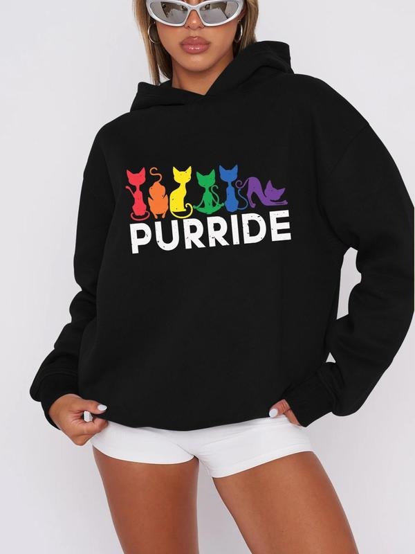 Women'WB shield Cat & Letter Print Drop Shoulder Hoodie, Fashion Casual Long Sleeve Hooded Sweatshirt for Daily Holiday...
