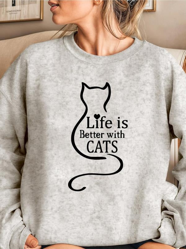 Women'WB shield Cat & Letter Print Drop Shoulder Sweatshirt, Casual Long Sleeve Round Neck Pullover for Daily Wear,...