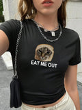 Women'WB shield Cat & Letter Print Round Neck Crop Tee, Y2k Trendy Casual Slim-fitting Short Sleeve T-shirt for Daily...