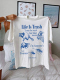 Women'WB shield Cat & Letter Print Round Neck Tee, Fashion Casual Drop Shoulder Half Sleeve T-shirt for Daily Wear,...