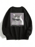 Women'WB shield Cat & Letter Print TNF Lined Sweatshirt, Casual Long Sleeve Round Neck Pullover for Fall & Winter,...