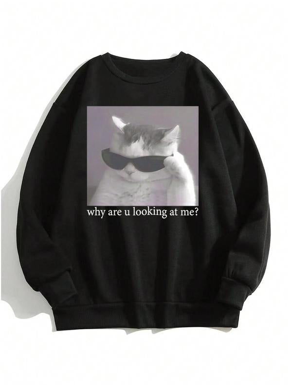 Women'WB shield Cat & Letter Print TNF Lined Sweatshirt, Casual Long Sleeve Round Neck Pullover for Fall & Winter,...