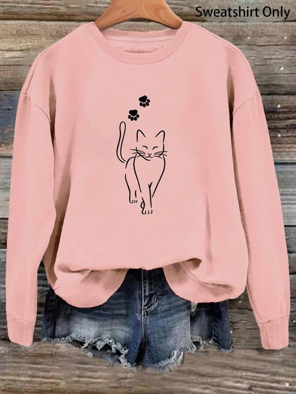 Women'WB shield Cat & Paw Fleece Lined Print Sweatshirt, Casual Round Neck Long Sleeve Pullover for Fall & Winter,...