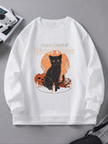 Women'WB shield Cat & Pumpkin Print Drop Shoulder Sweatshirt, Casual Long Sleeve Round Neck Pullover for Fall & Winter,...