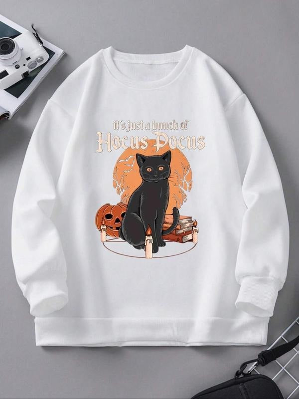 Women'WB shield Cat & Pumpkin Print Drop Shoulder Sweatshirt, Casual Long Sleeve Round Neck Pullover for Fall & Winter,...
