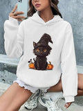 Women'WB shield Cat & Pumpkin Print Fleece Lined Hoodie, Fashion Casual Drop Shoulder Hooded Sweatshirt for Daily Holiday...