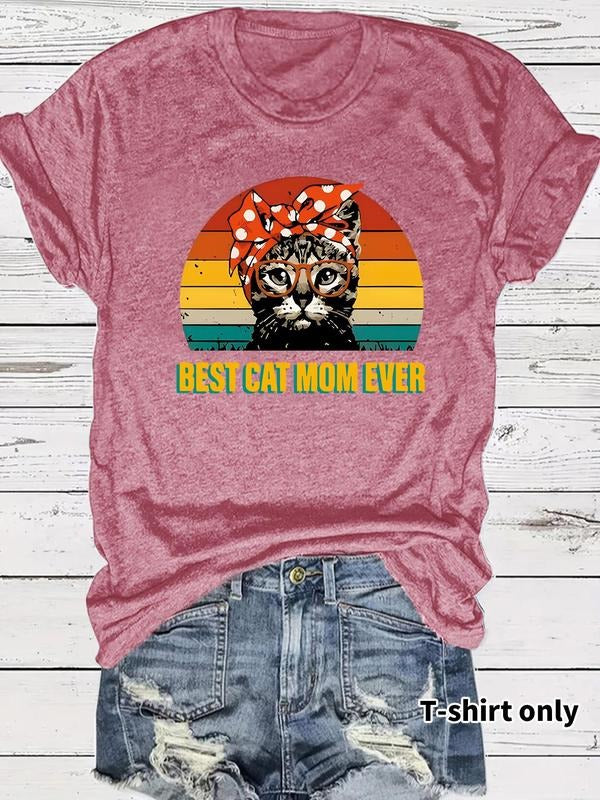 Women'WB shield Cat & Rainbow Print Round Neck Tee, Casual Fashion Short Sleeve T-shirt for Summer, Ladies TNF for Daily...
