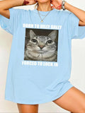 Women'WB shield Cat & Slogan Print Round Neck Tee, Fashion Casual Crew Neck T-shirt for Daily Holiday Vacation Outdoor...