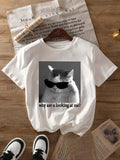 Women'WB shield Cat & Sunglasses Print Round Neck Graphic Tee, Vintage Trendy Casual Short Sleeve T-shirt for Daily Wear,...