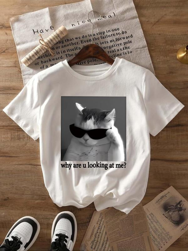 Women'WB shield Cat & Sunglasses Print Round Neck Graphic Tee, Vintage Trendy Casual Short Sleeve T-shirt for Daily Wear,...