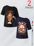 Women'WB shield Cat & Sushi Print Tee, Casual Fashion Round Neck T-shirt for Daily Holiday Vacation Outdoor Wear, Ladies...