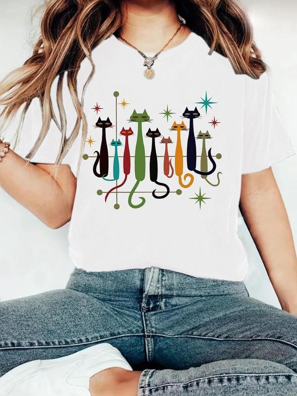 Women'WB shield Cat Graphic Print Round Neck Tee, Fashion Casual Short Sleeve T-shirt, Ladies Summer TNF for Daily Wear,...