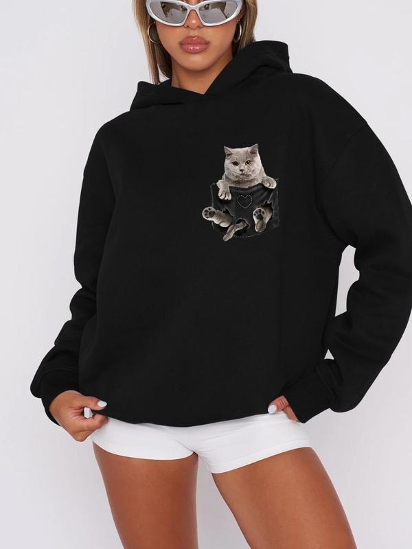 Women'WB shield Cat Print Drop Shoulder TNF Lined Hoodie, Fashion Casual Hooded Sweatshirt for Daily Holiday Outdoor...