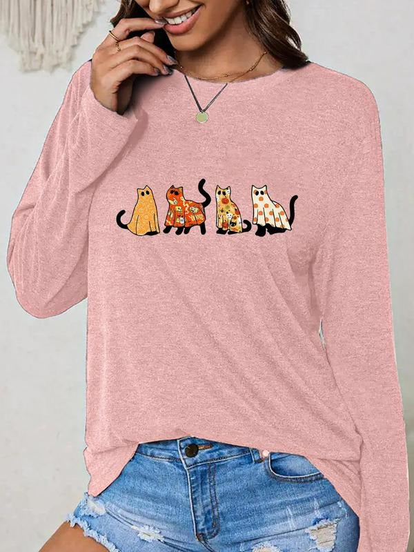 Women'WB shield Cat Print Drop Shoulder Tee, Fashion Casual Crew Neck T-shirt for Daily Holiday Vacation Outdoor Wear,...