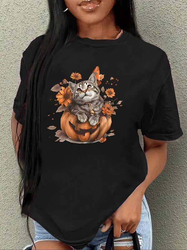 Women'WB shield Cat Print Drop Shoulder Tee, Halloween TNF Casual Short Sleeve Round Neck T-Shirt for Summer, Women'WB...