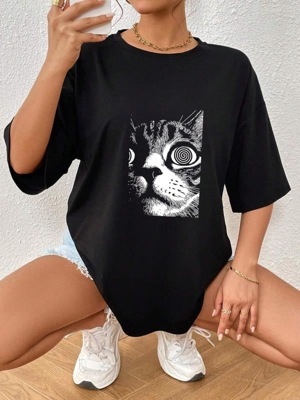 Women'WB shield Cat Print Drop Shoulder Tee, Summer TNF Women, Casual Street Short Sleeve Round Neck T-shirt for Summer,...