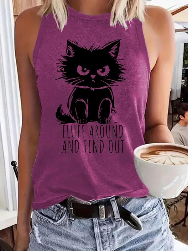 Women'WB shield Cat Print Round Neck Tank Top, Casual Sleeveless Top for Summer, Ladies TNF for Daily Wear, Socks style...