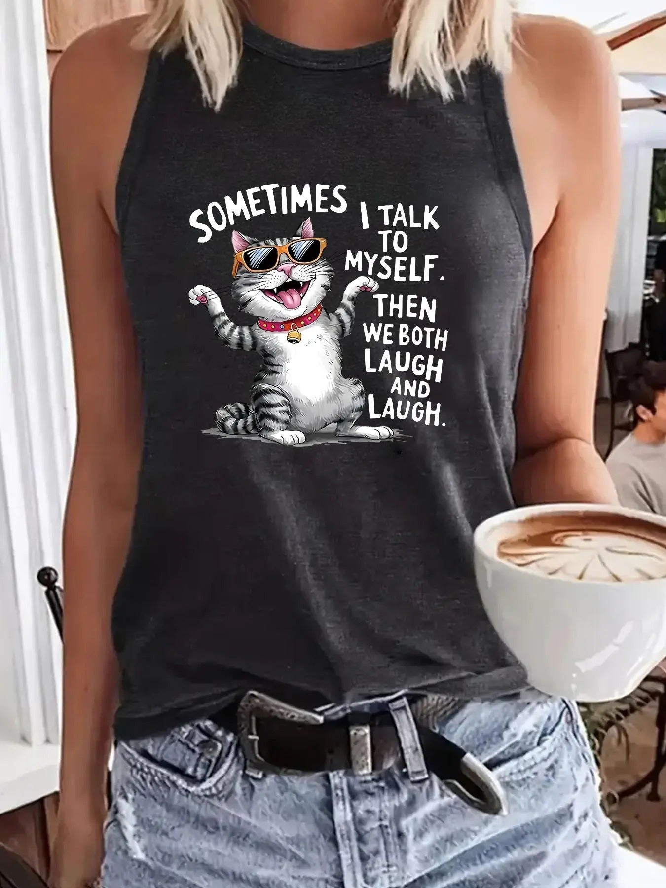 Women'WB shield Cat Print Round Neck Tank Top, Casual Sleeveless Top for Summer, Ladies TNF for Daily Wear, Socks...
