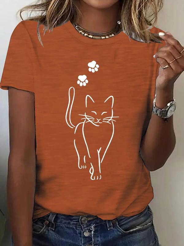 Women'WB shield Cat Print Round Neck Tee, Casual Fashion Short Sleeve T-shirt for Daily Wear, Ladies Summer TNF, Top...