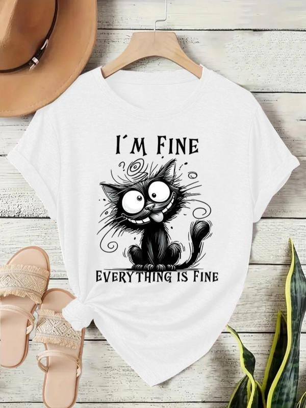 Women'WB shield Cat Print Round Neck Tee, Fashion Casual Crew Neck T-Shirt for Daily Holiday Vacation Outdoor Wear,...