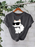 Women'WB shield Cat Print Round Neck Tee, Fashion Casual Crew Neck T-Shirt for Daily Holiday Vacation Outdoor Wear,...