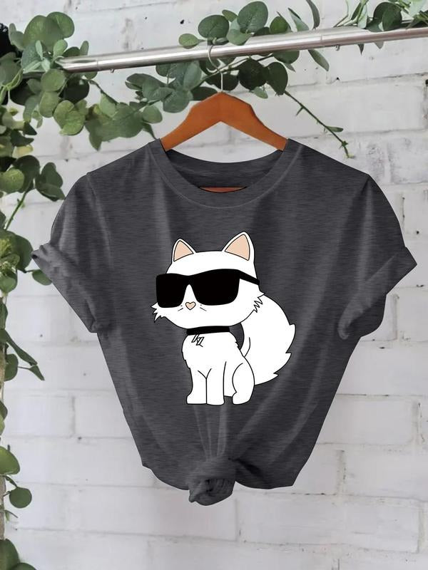 Women'WB shield Cat Print Round Neck Tee, Fashion Casual Crew Neck T-Shirt for Daily Holiday Vacation Outdoor Wear,...