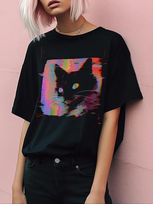 Women'WB shield Cat Print Round Neck Tee, Fashion Casual Crew Neck T-shirt for Daily Holiday Vacation Outdoor Wear,...