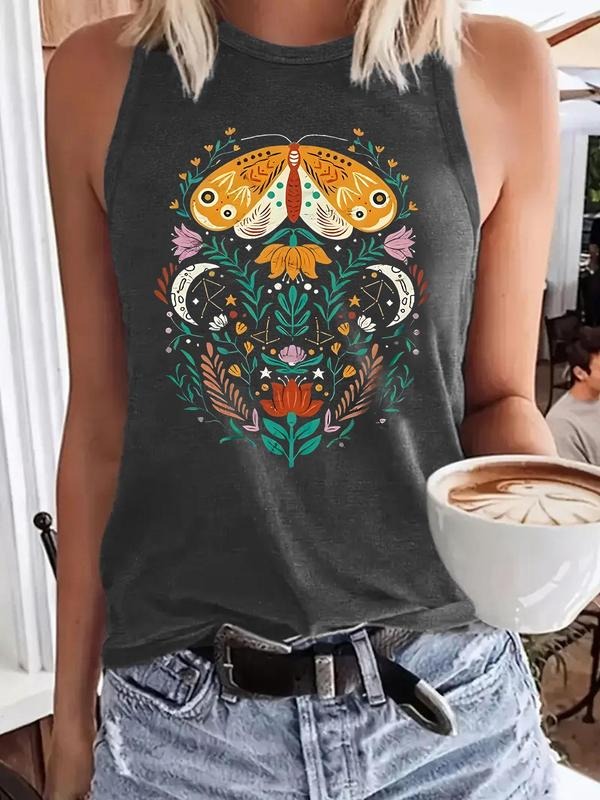Women'WB shield Celestial Moth Print Round Neck Tank Top, Casual Sleeveless Top for Summer, Ladies TNF for Daily Wear...