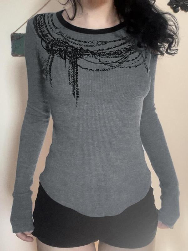 Women'WB shield Chain Print Round Neck T-shirt, Casual Long Sleeve Crew Neck T-shirt for Spring & Fall, Fashion Women'WB...