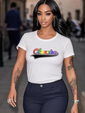 Women'WB shield Champion Letter Print Round Neck Tee, Fashion Casual Crew Neck T-Shirt for Daily Holiday Vacation Outdoor...