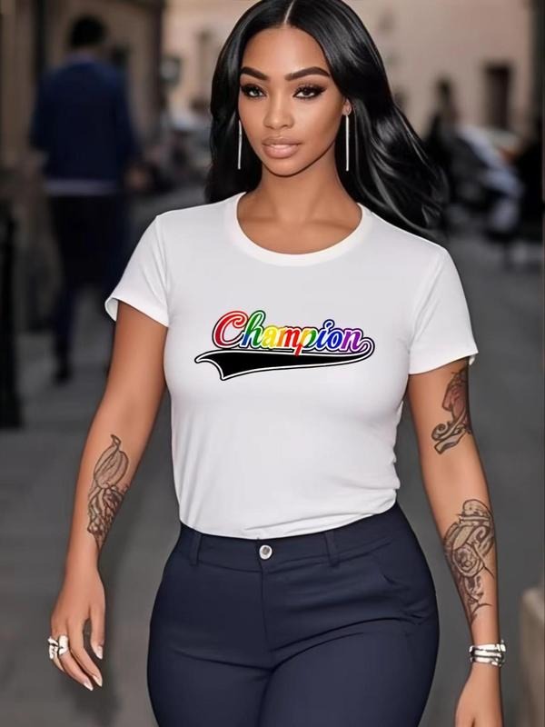 Women'WB shield Champion Letter Print Round Neck Tee, Fashion Casual Crew Neck T-Shirt for Daily Holiday Vacation Outdoor...